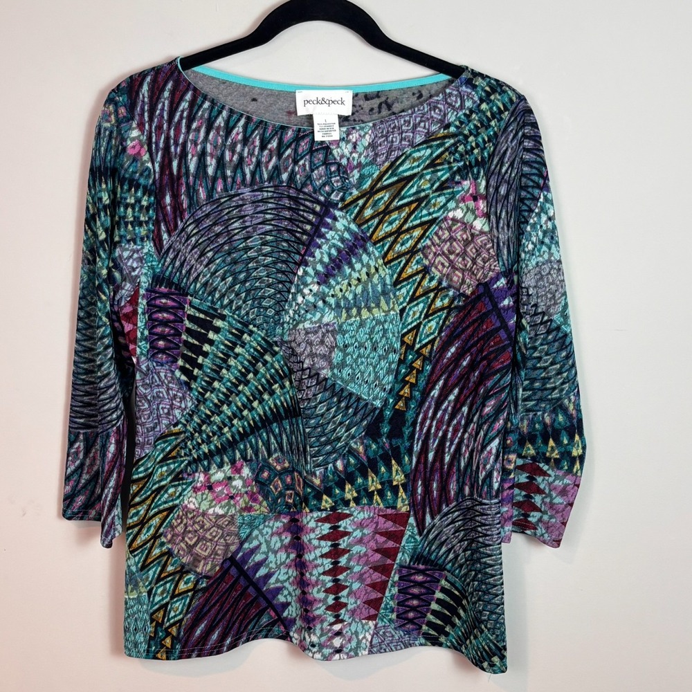 Peck & Peck Women's Peacock Artsy Colorful Stretch 3/4 Sleeve Top SZ Large boho
